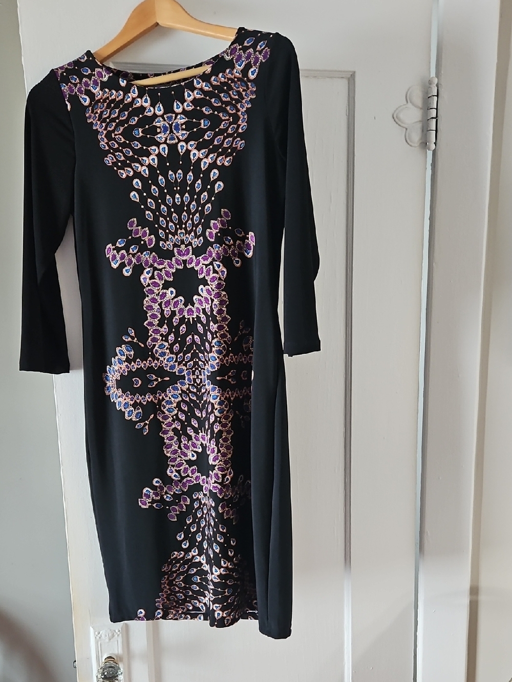 Black Sheath Dress with Purple & Blue Embellished Print